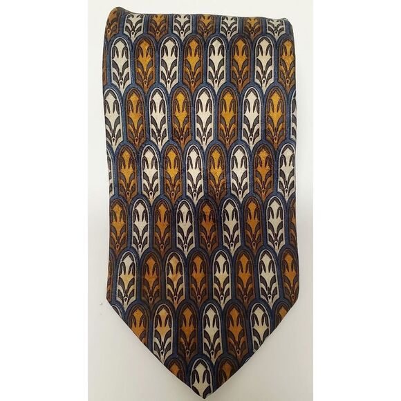 BACI Italy Necktie 100% Silk Feather Medallion Print Taupe/Gold/Steel Blue Tie - Picture 6 of 12